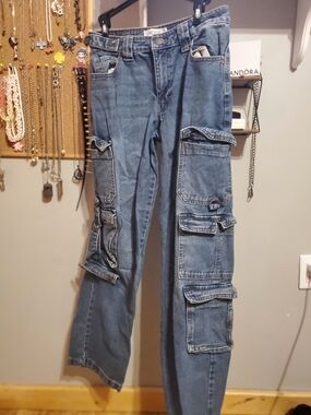 Ardene Blue Wide-Leg Cargo Jeans with Patch Pockets